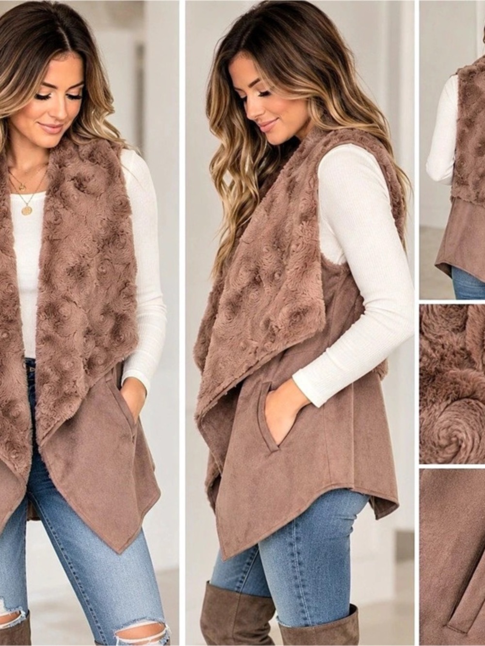 Marc New York Andrew Marc Rose Swirl Faux Fur Draped Vest Mauve M